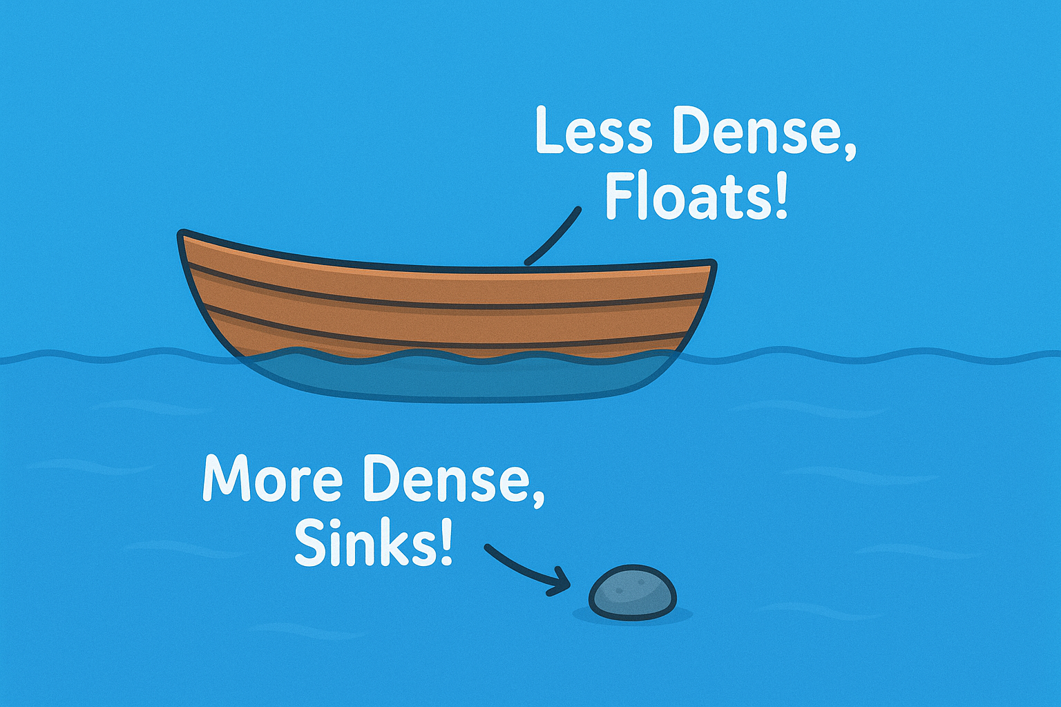 Show a small, dense pebble at the bottom of the pool and a large, less dense wooden boat floating on the
surface. 