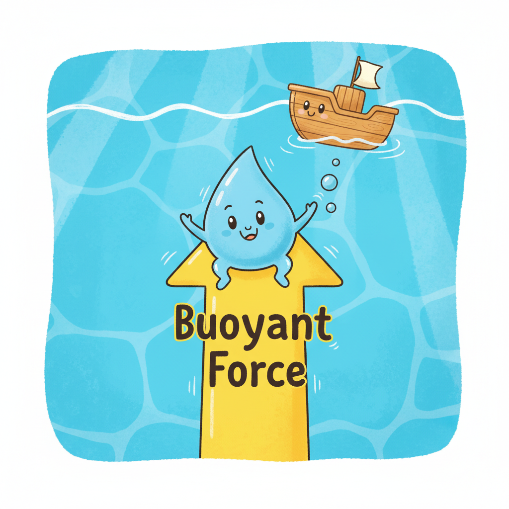 Pip swimming back up. A large, upward arrow labeled "Buoyant Force" is pushing him. A happy boat floats nearby