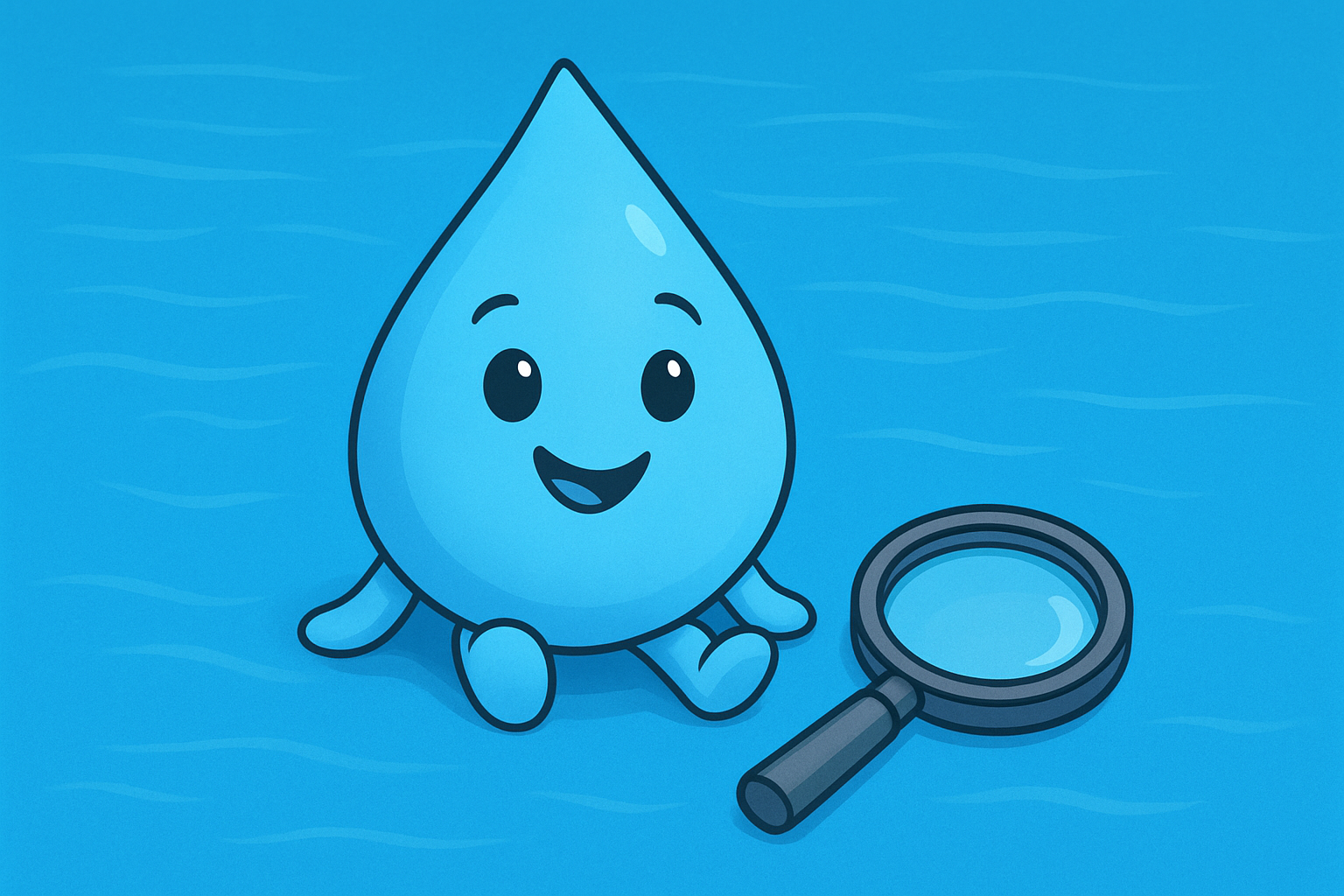 A bright, friendly-looking water drop (Pip) with a smile, sitting on a blue background representing the pool. A magnifying gl
