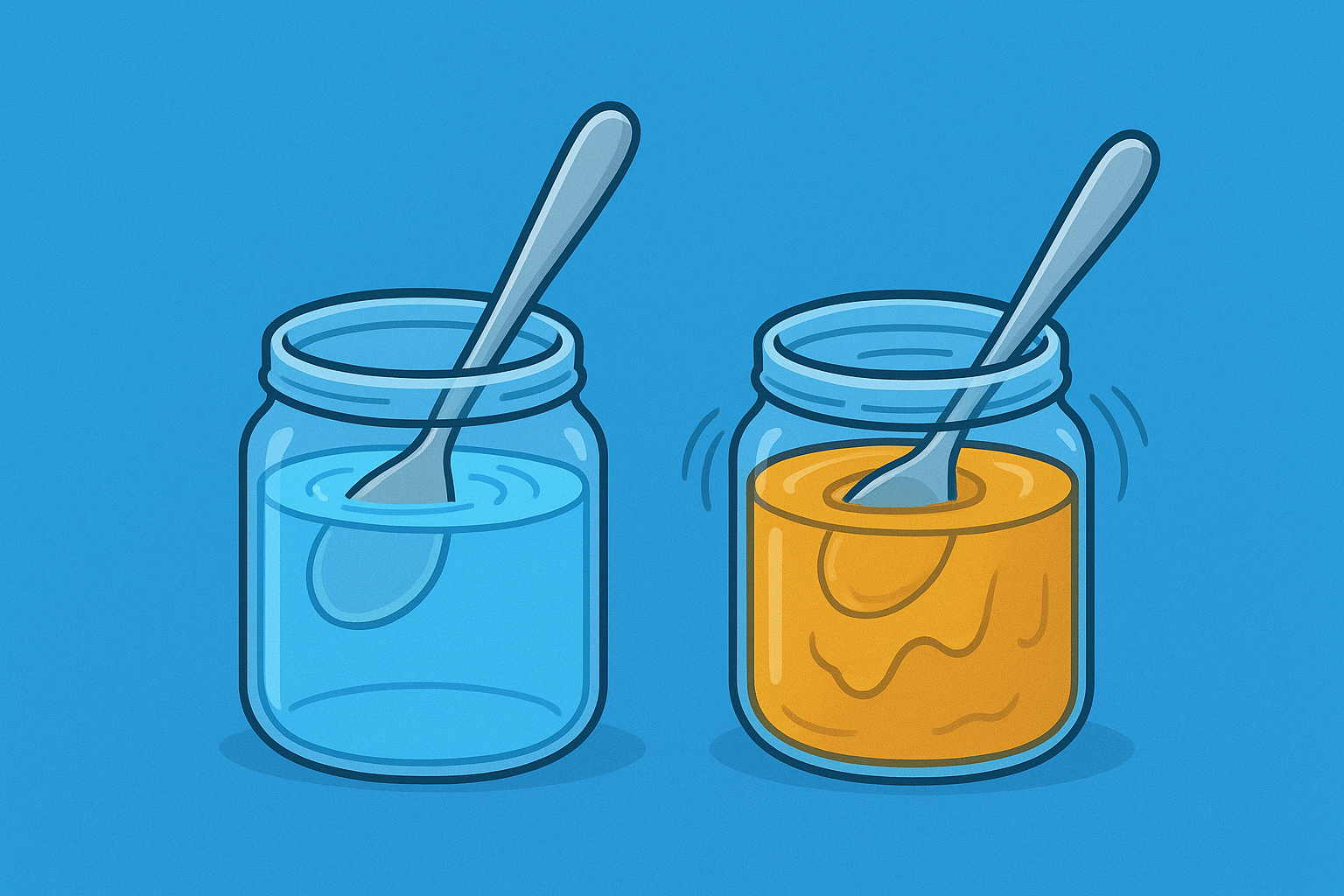 two spoons stirring two separate jars: one with blue, runny water and one with thick, golden honey. 