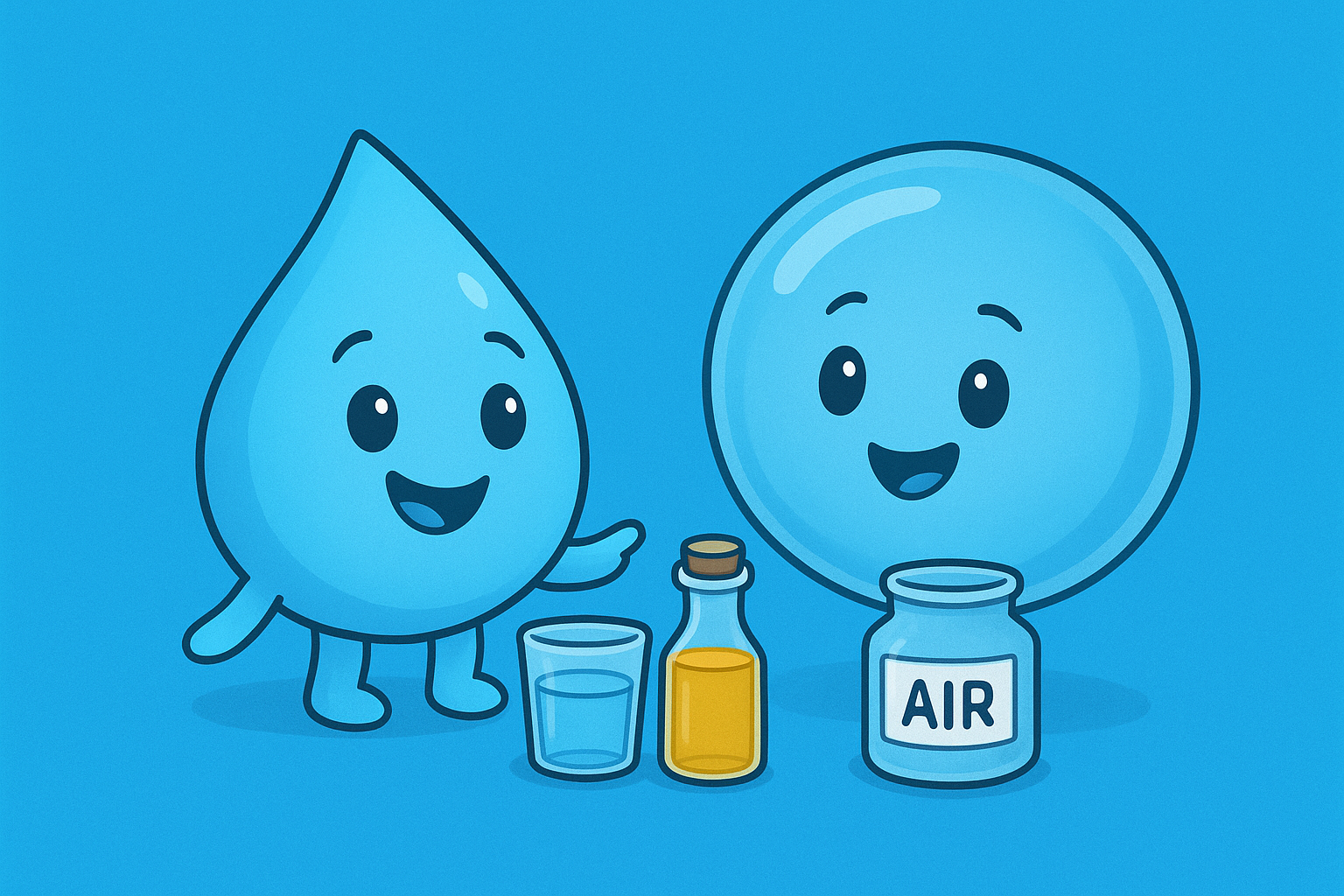  Pip talking to a large, clear air bubble (Professor). Show three small containers: one with water, one with oil, and one see